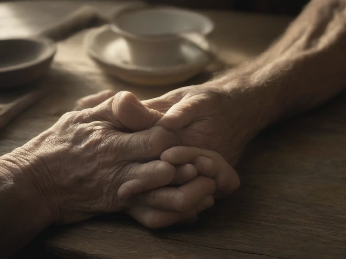Older hands resting on a wooden table