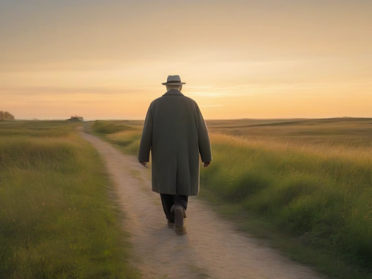 An older person walking a path