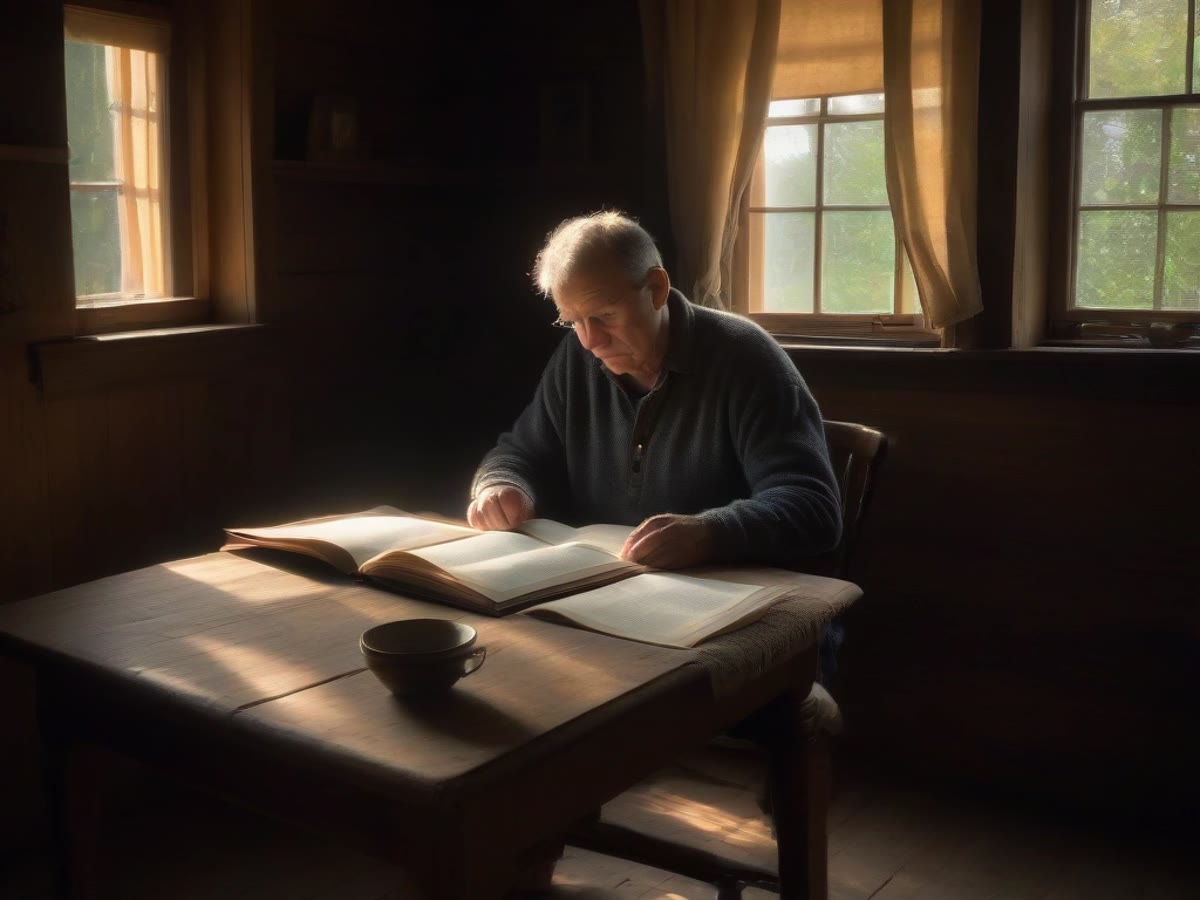 A person reading a book at a wooden table