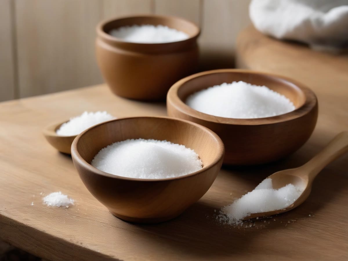 A wooden bowl of kitchen salt and a ceramic cellar