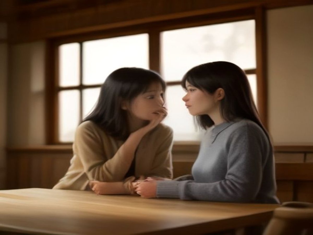 Two people in conversation at a table