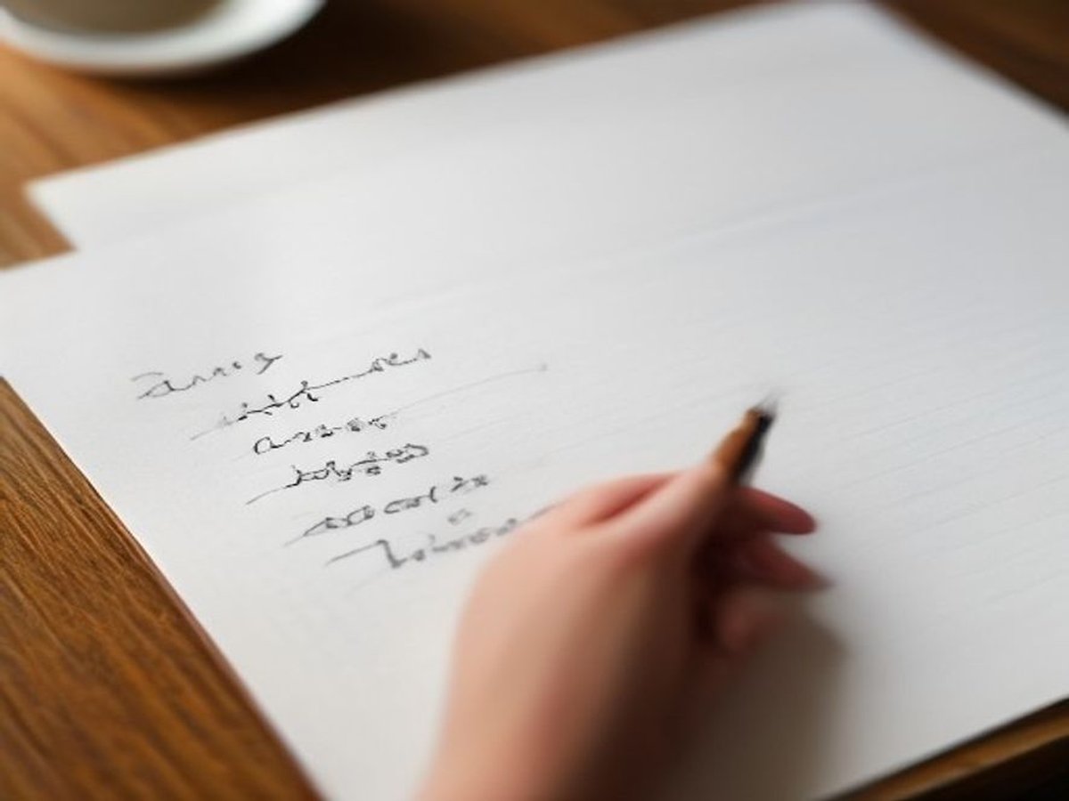 A hand writing on paper at a wooden desk