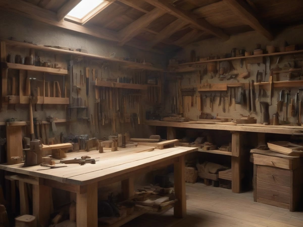 Hand tools on a workbench in a simple wood shop