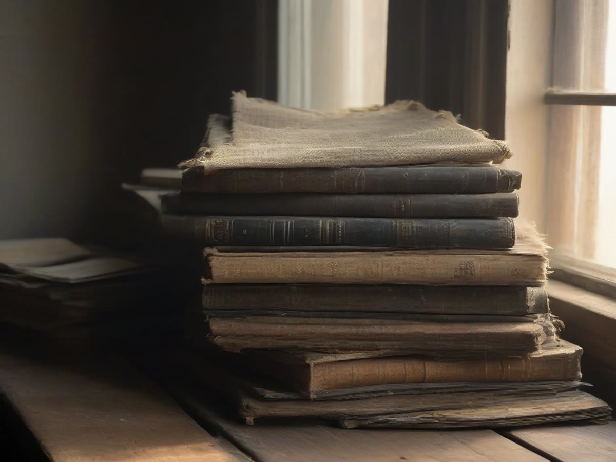 A stack of worn cloth-bound books on a wooden table
