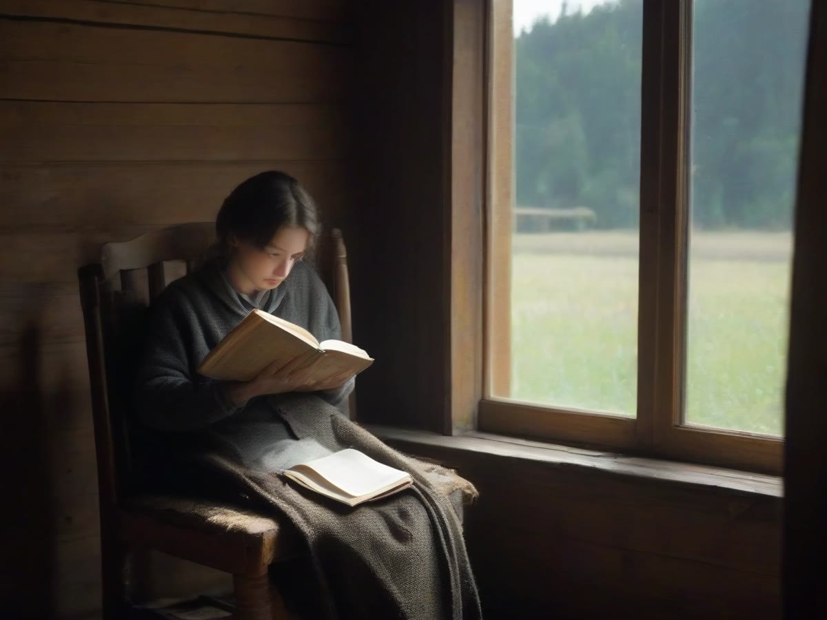 A person reading a worn book by a window