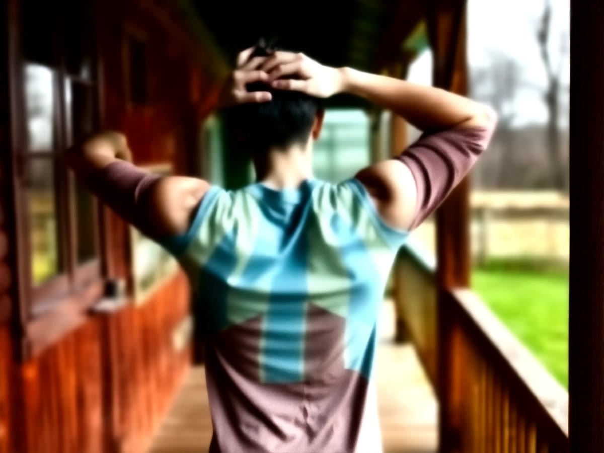 A person stretching beside a porch