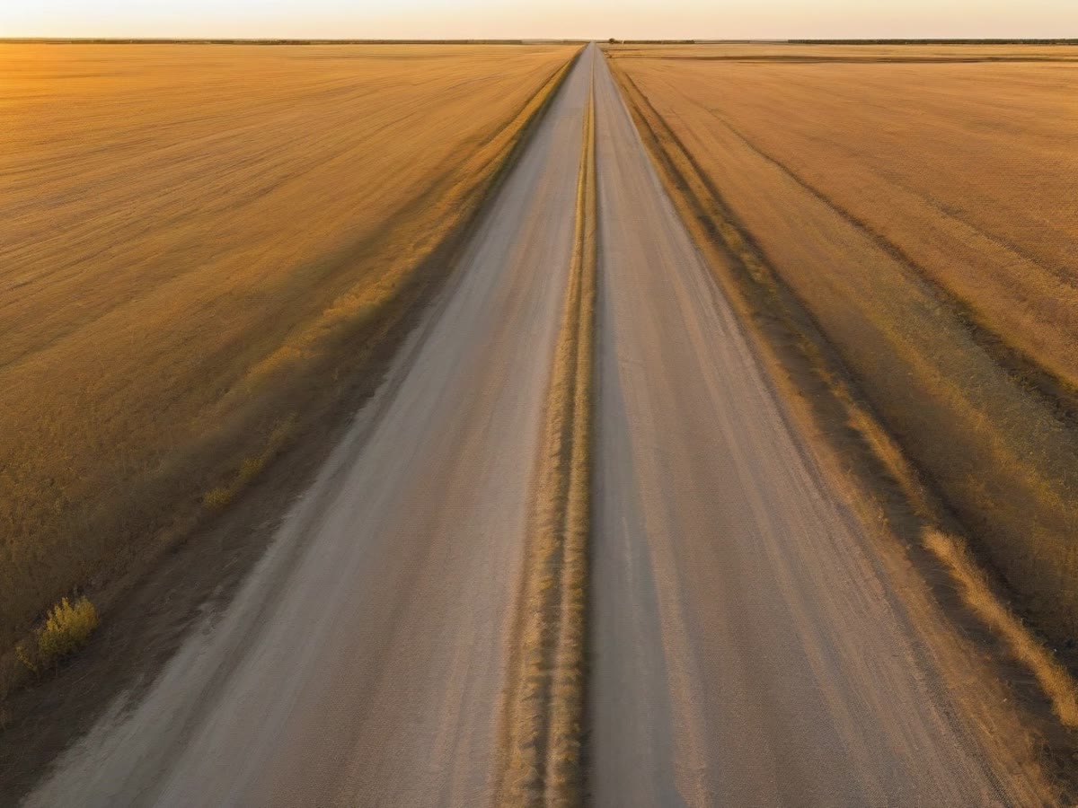 A gravel road running through golden fields at sunset