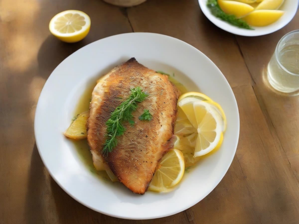 A cooked fish on a plain plate with lemon