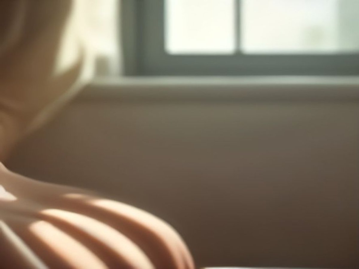 A close view of a shoulder and chest in window light, suggesting breath