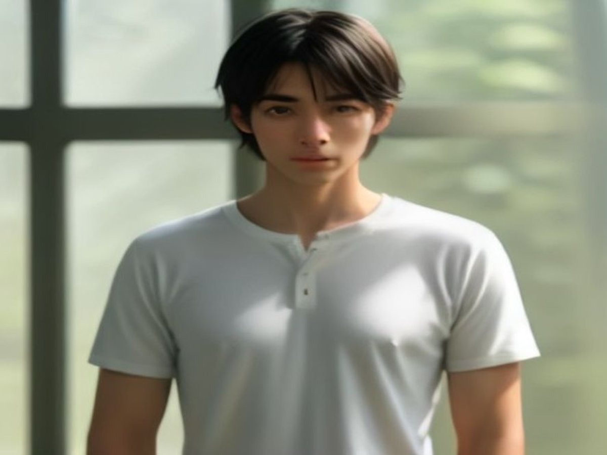 A healthy torso in a cotton henley in natural window light