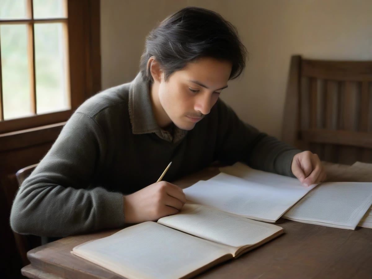 A careful reader at a table with papers